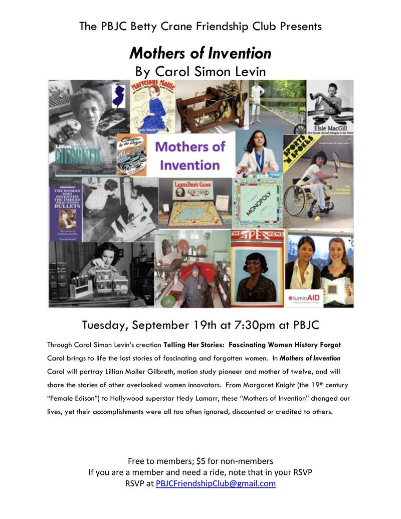 Banner Image for Betty Crane Friendship Club Program: Carol Simon Levin of Telling Her Stories will present Mothers of Invention 