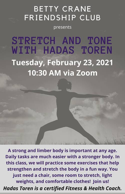Stoffig schedel Vacature Betty Crane Friendship Club "Stretch and Tone" with Hadas Toren - Event -  Pine Brook Jewish Center
